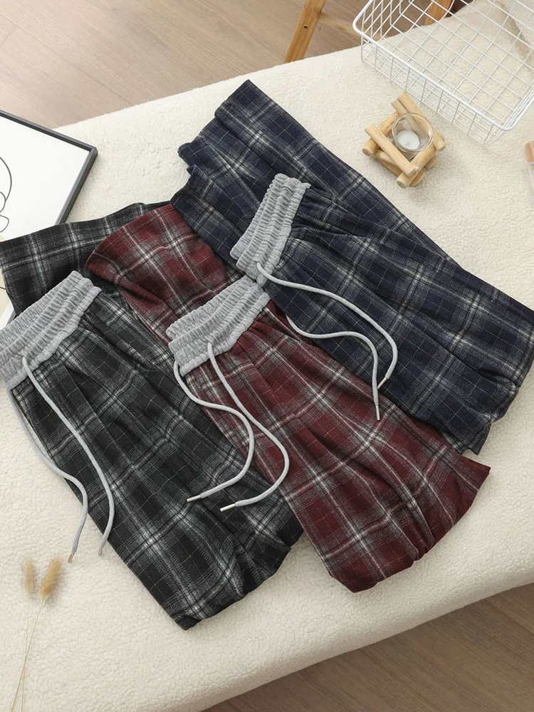 Pantalones de pierna ancha a cuadros Vintage para mujer, ropa de calle Y2K de otoño, Pantalones rectos de retales, pantalones deportivos con cordón de cintura alta Harajuku
