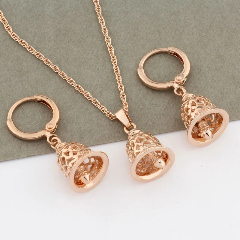 Vintage 585 Rose Gold Color Bell Shape Design Jewelry Sets For Women Original And Funny Sets Hollow Luxury Quality Jewelry