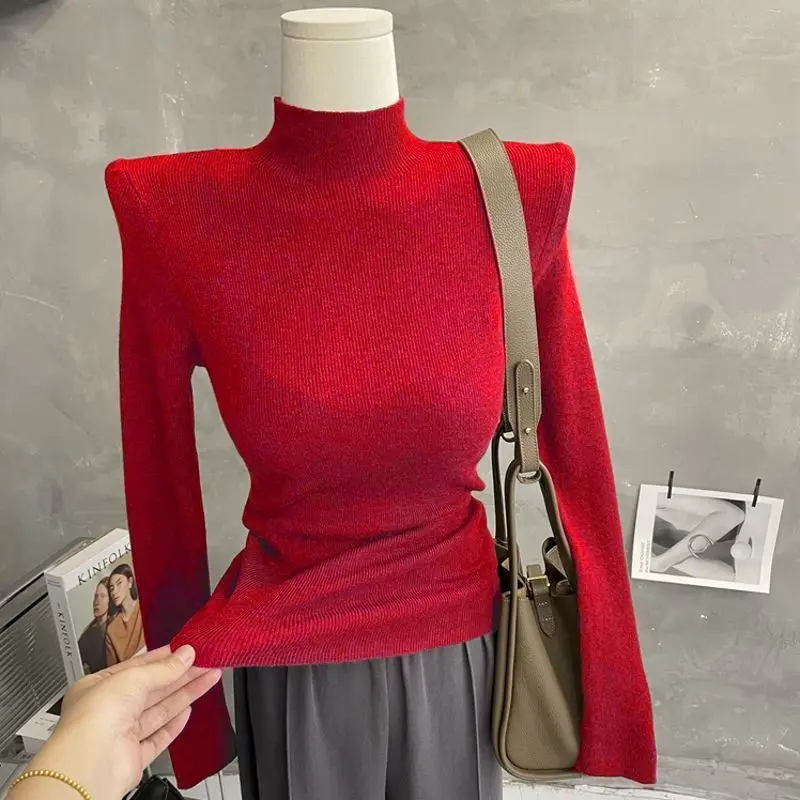 نصف الياقة المدورة ضئيلة سترة المرأة قاع قميص الخريف الشتاء جديد طويل الأكمام ضيق أعلى تنوعا منتصف طوق البلوفرات