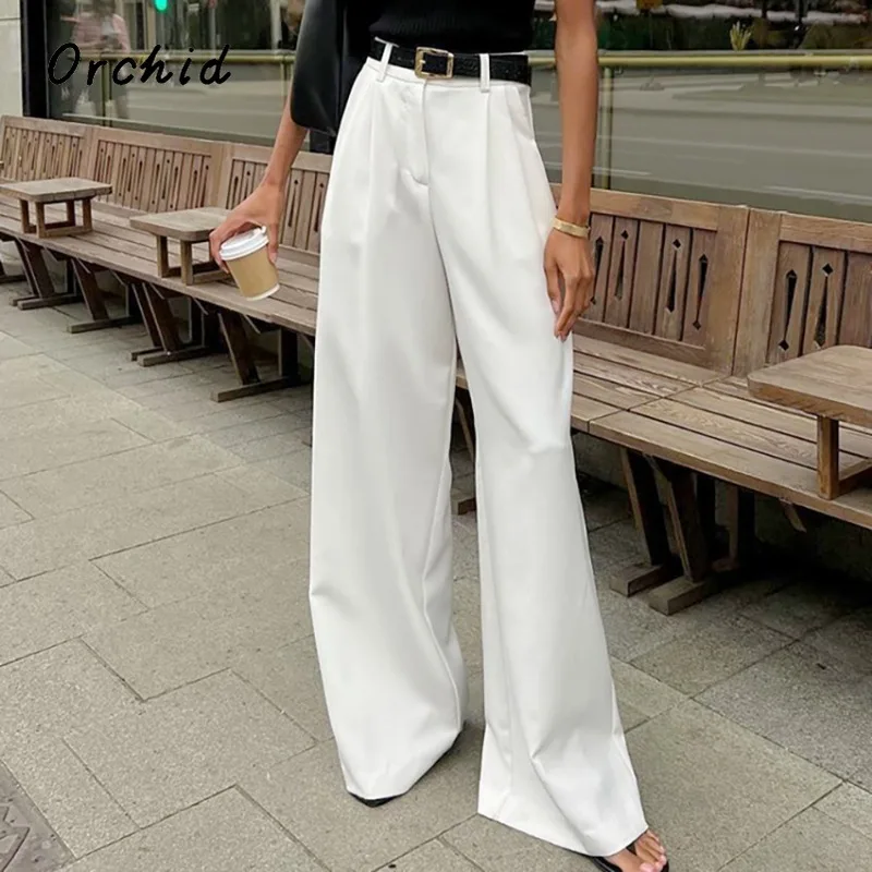 

Office Lady Style Fashion Solid Color High Waist Suit Pants Women Casual Loose Wide Leg Basics Full Length White Trousers