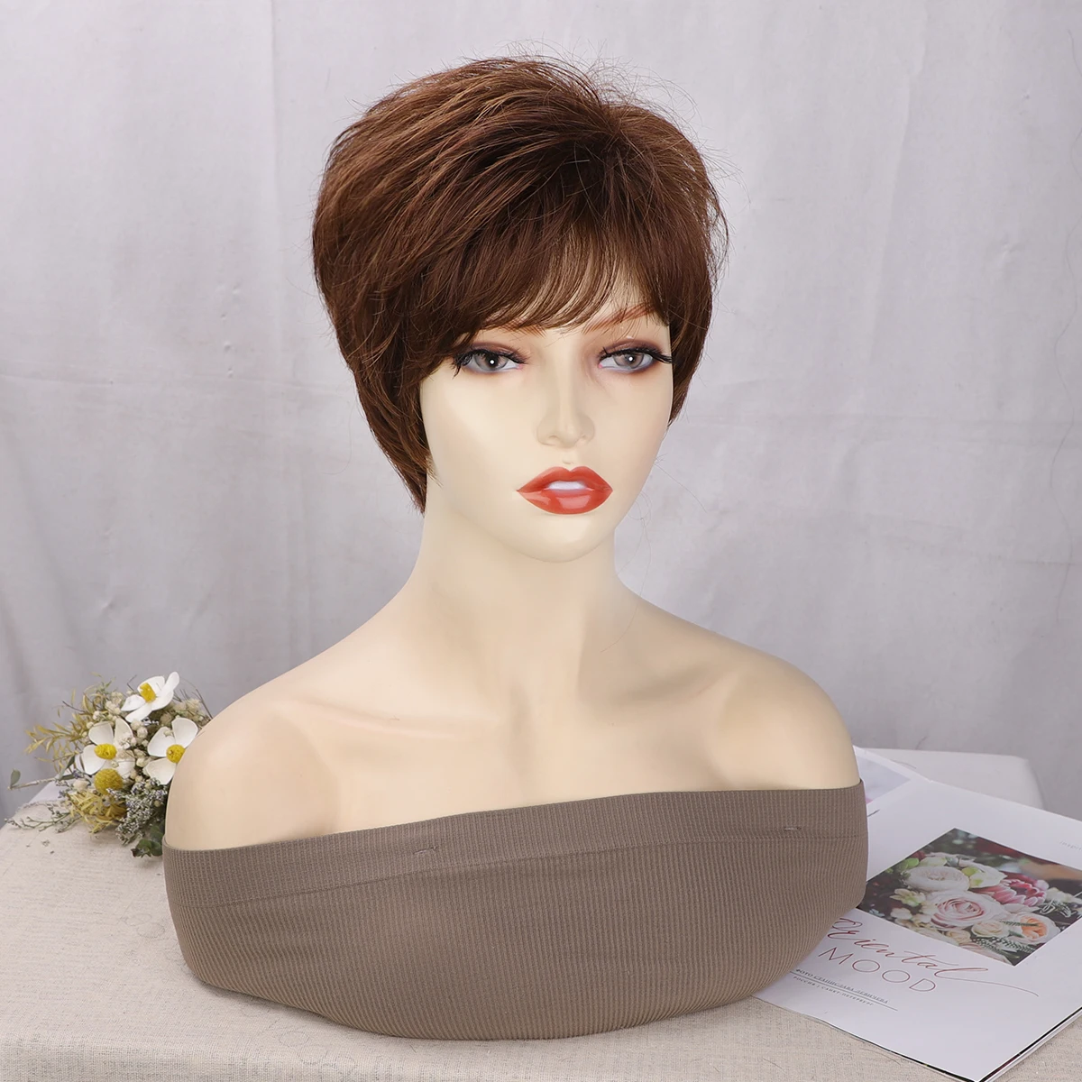 Short Dark Brown Synthetic Straight Wave Hair Wig With Bangs For Woman Replacement Heat Resistant Fiber Cosplay Wig