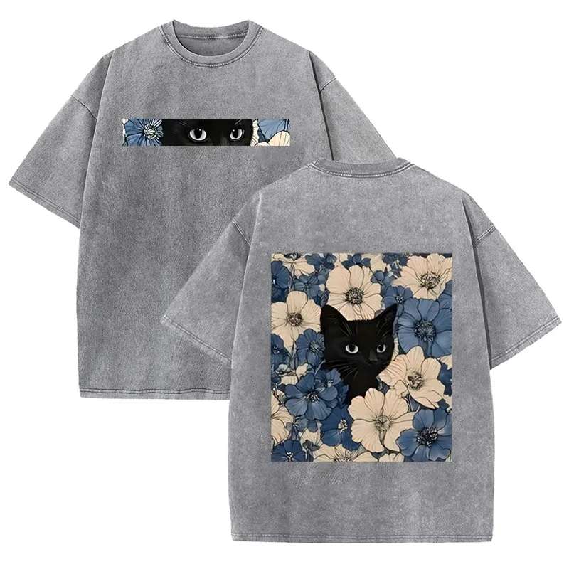 Double Sided Floral Cat Print Vintage Washed Black Tee Loose Y2K Streetwear Unisex Cotton Casual Daily Short Sleeve T Shirts
