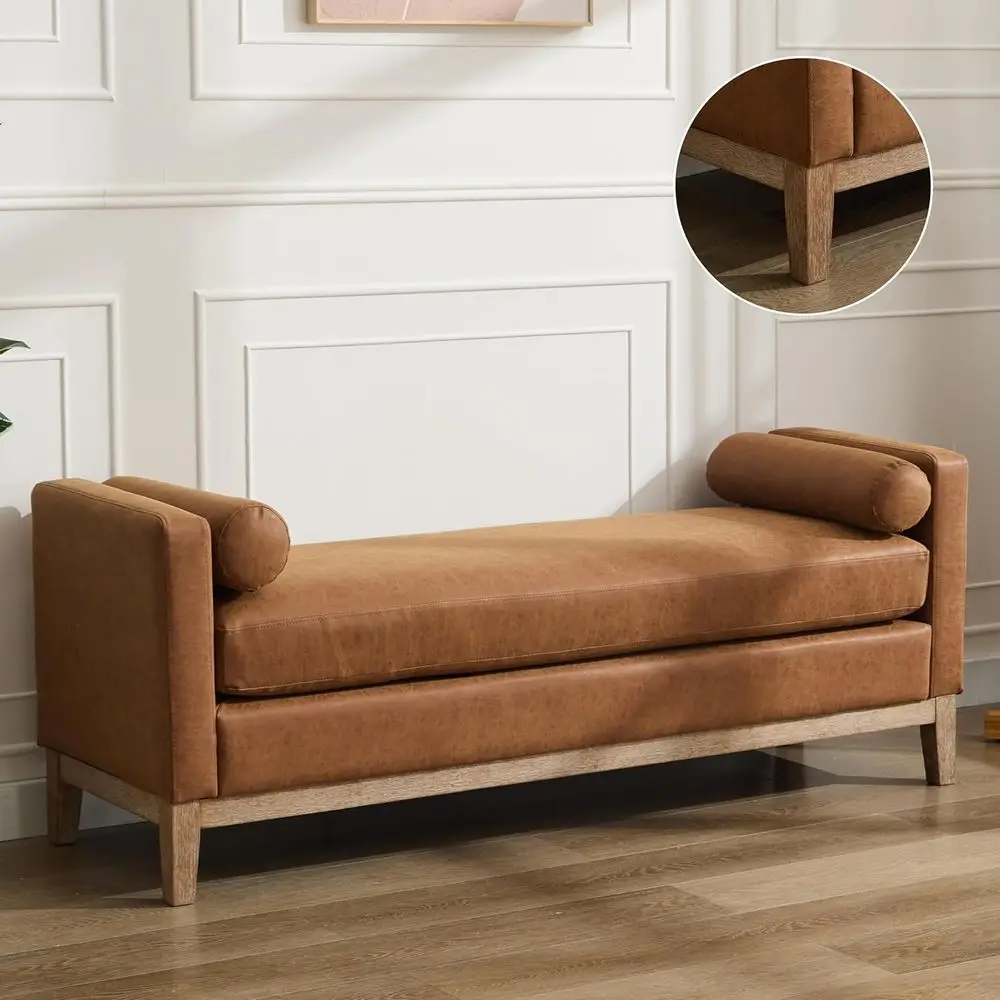 Brown Leather King Size Upholstered Bed End Bench with Pillows for Bedroom, Entryway, Living Room