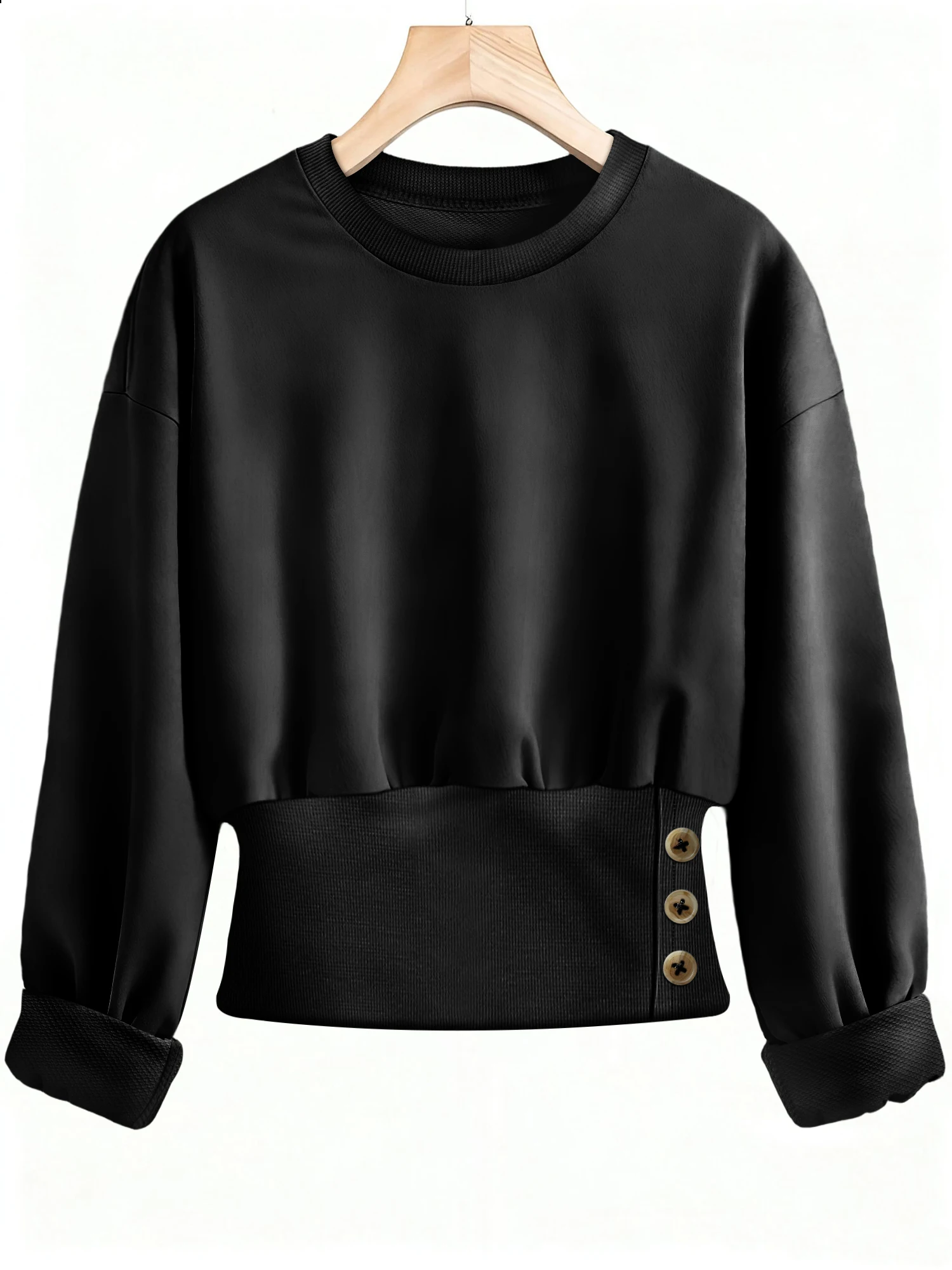 

Осенне-зимний однотонный укороченный топ для женщин, свободный свитшот с рукавами-фонариками, с ребристой отделкой на талии и пуговицами, пуловер