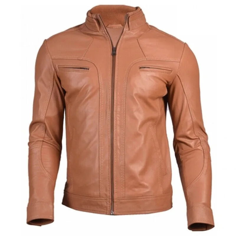 

Men's Real Soft Classy Authentic Lambskin Leather Jacket Tan High Quality Zipper