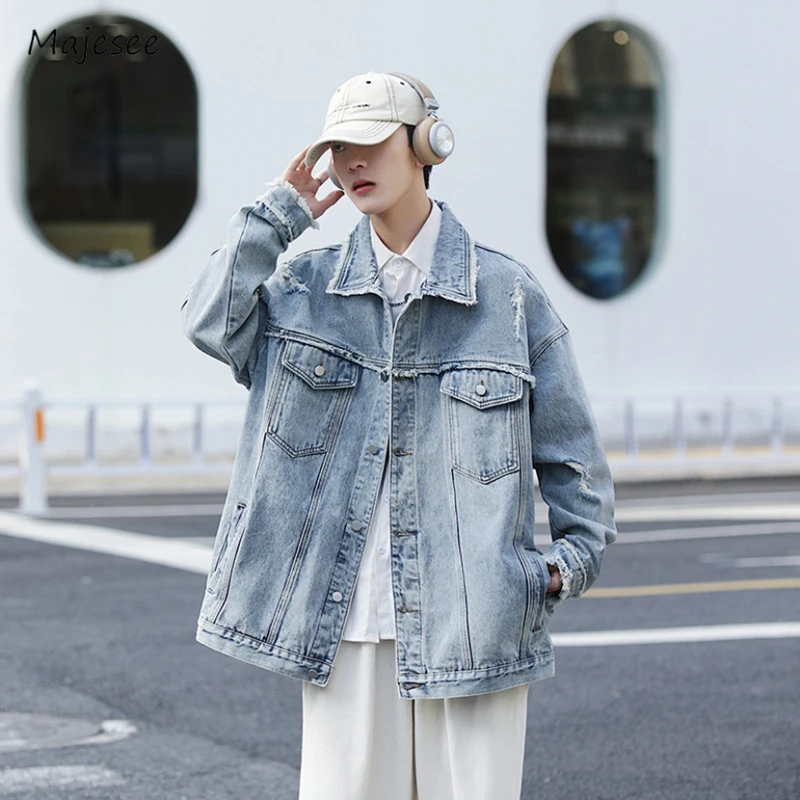 Denim Jackets Men Raw Edge Hole Spliced Korean Style Turn-down Collar Cityboy Harajuku Handsome Streetwear Males Outwear Autumn