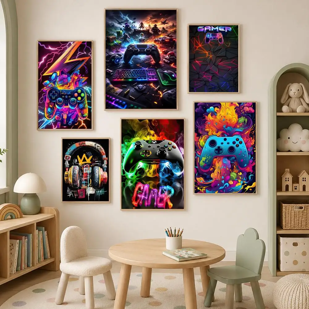 Style Watercolor Neon Video Game Poster Self-Stick HD PVC Wall Art Poster, Waterproof Decor for Bedroom, Living Room and Home