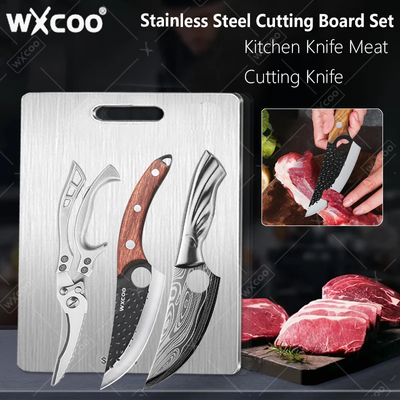 WXCOO 1 ~ 4 Stück handgeschmiedetes Ausbeinmesser für die Küche, Edelstahl, Metzgerbeil, Kochmesser, Schneidebrett-Set, Fleischschneidemesser