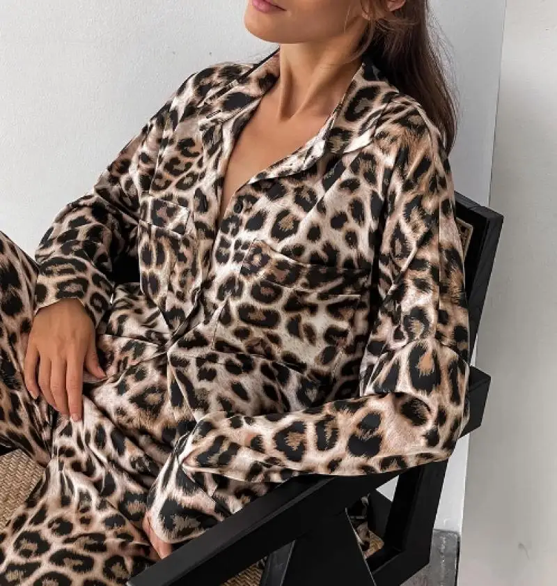 Elegant 2-Piece Sets for Women Leopard Print Loose Collar Shirt Long Sleeved Top Loose Wide Leg Pants Versatile Casual Pants Set