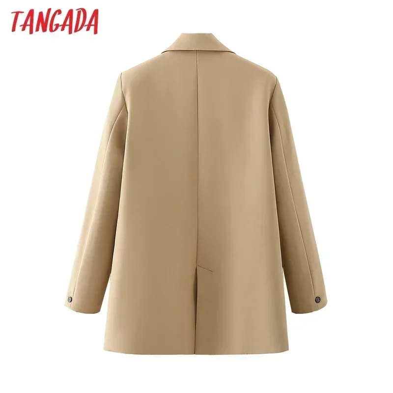 Tangada Women Khaki Blazer Coat Vintage Notched Collar Pocket 2023 Fashion Female Casual Chic Tops DA02