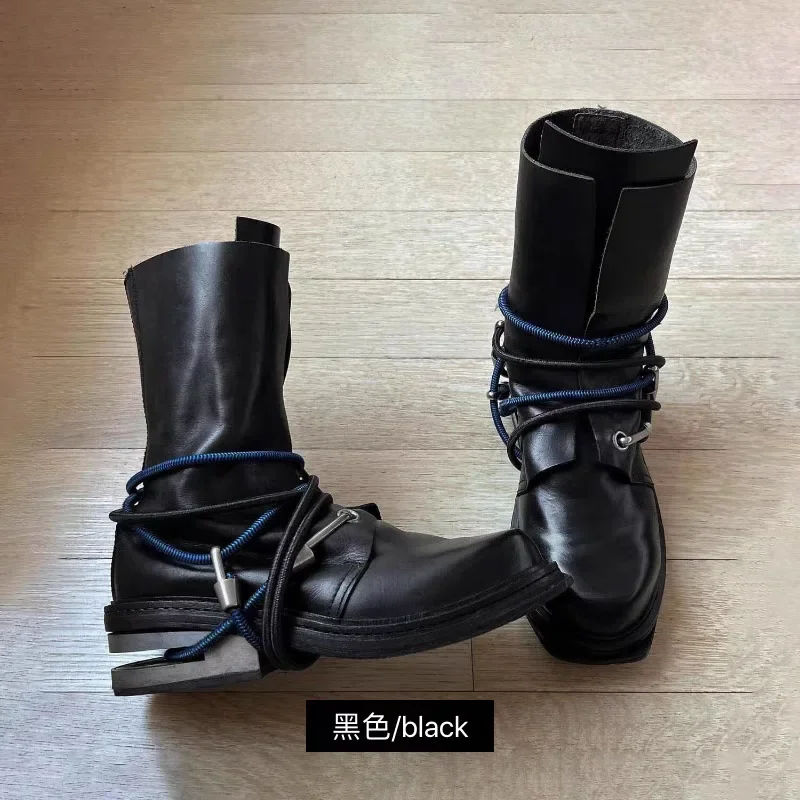 Retro Men's Genuine Leather Engineer Boots Strange Metal Chunky Heel Mid-Calf Round Toe Elastic Band Western Boots Women