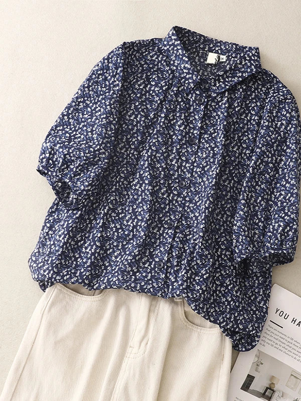 

Loose Fit Floral Print Cotton Shirt Women's Summer Vintage Turn-down Collar Slimming Top Sweet Style Short Sleeve Casual Blouse