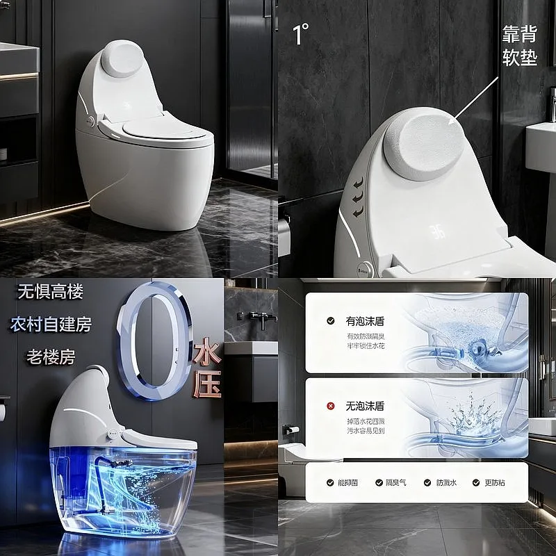 New Smart Toilet Egg-Shaped Backrest Integrated Automatic Flush with Tank Voice Control Foam Shield