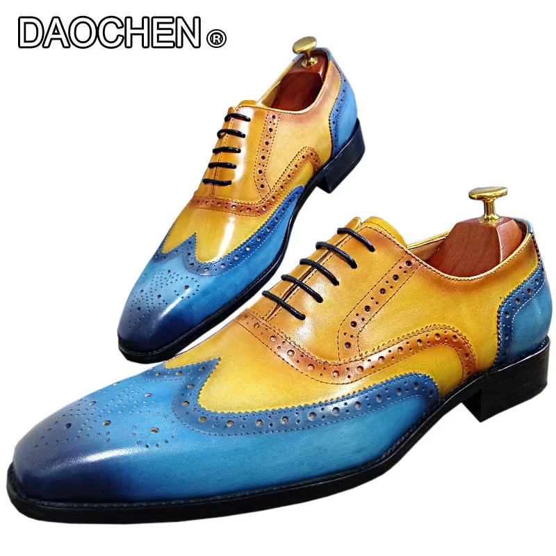 LUXURY MEN OXFORD SHOES MIXED COLORS BROGUE LACE UP WINGTIP CASUAL DRESS MAN SHOES DANCE PARTY WEDDING LEATHER SHOES MEN