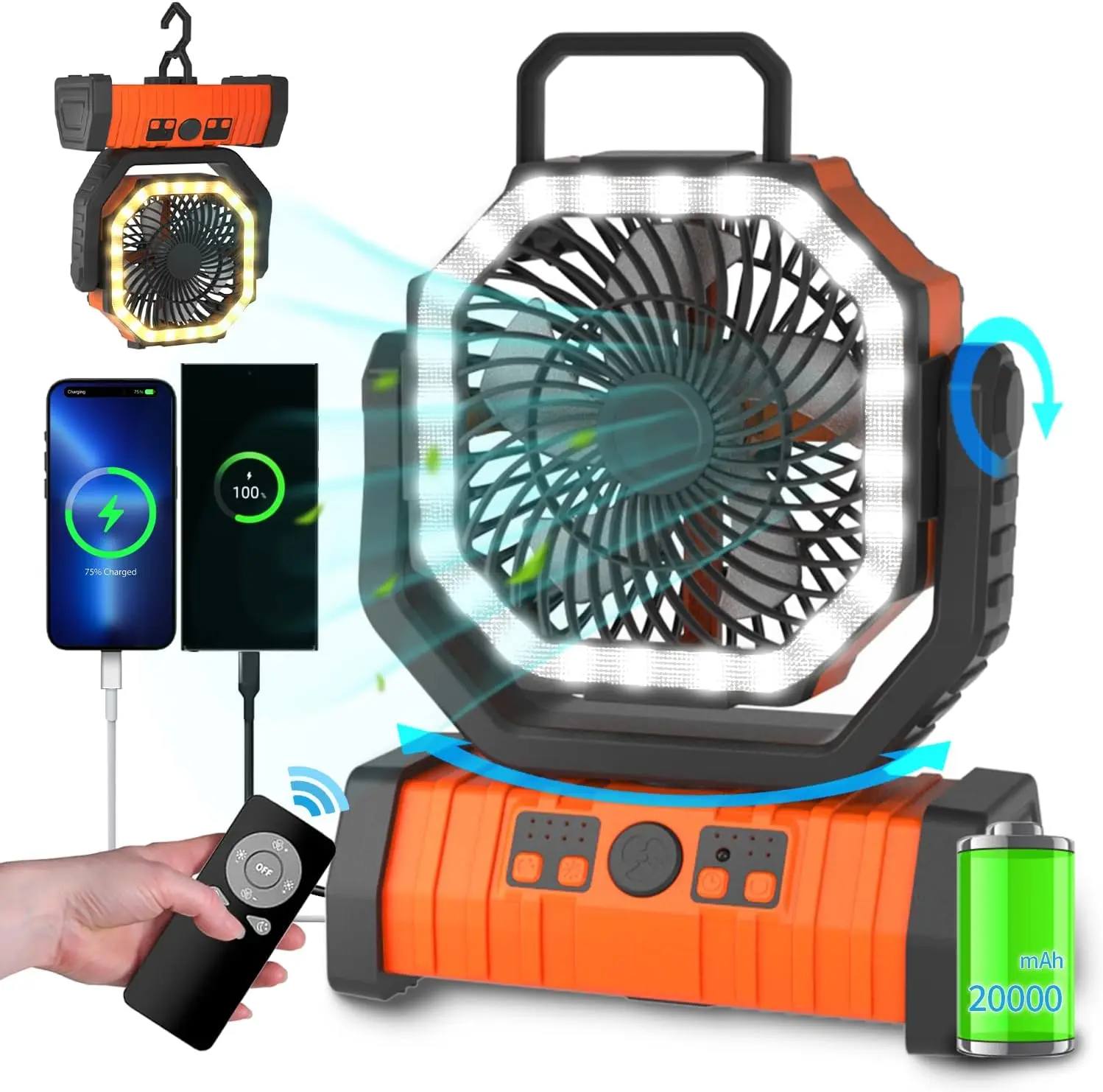 Camping Fan Battery Operated Powered Fan with LED Lantern Light 20000mAh Rechargeable Portable Fan, Oscillating Fan