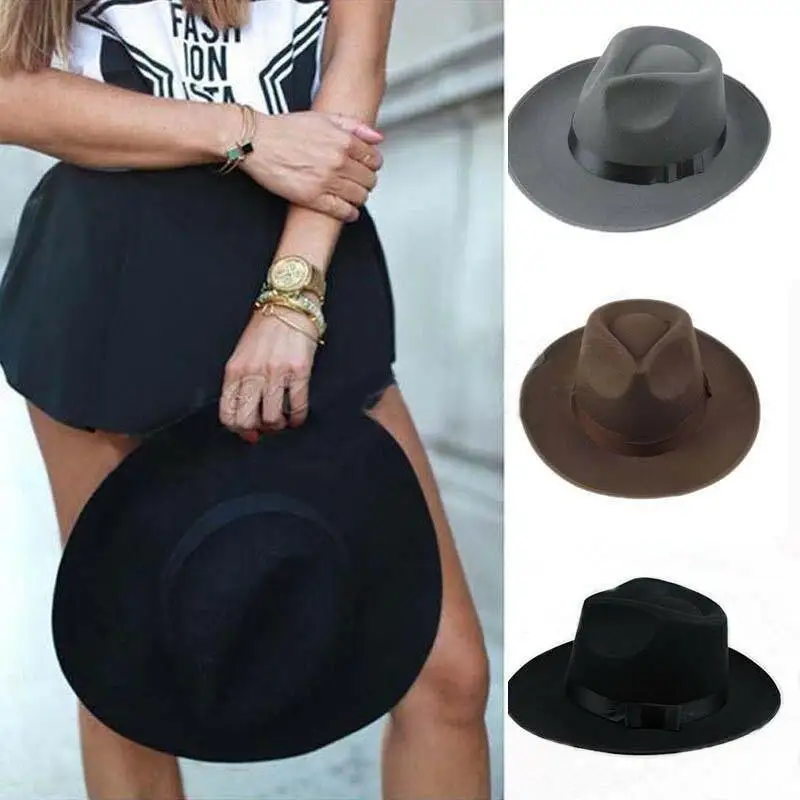 2023 Panama Hat Gangster Cap For Men Women Vintage Fedora Derby Fashion Bowler Wool Sun-shade Brim Belt Felt Hats Wide Brim