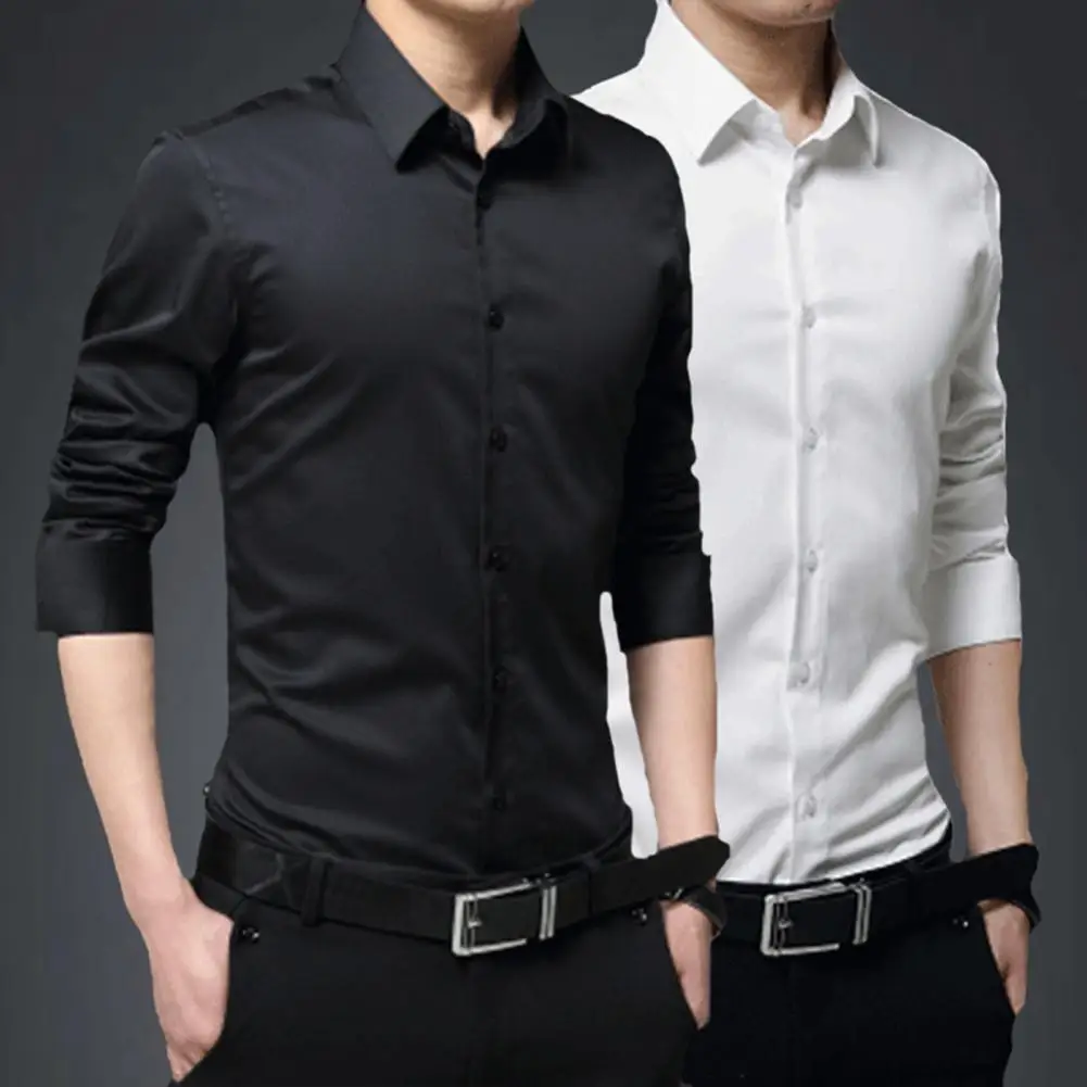 Men Business Shirt For Spring Summer Solid Color Lapel Long Sleeve Single Breasted Wrinkle-resistant Shirt Top Men's Clothing