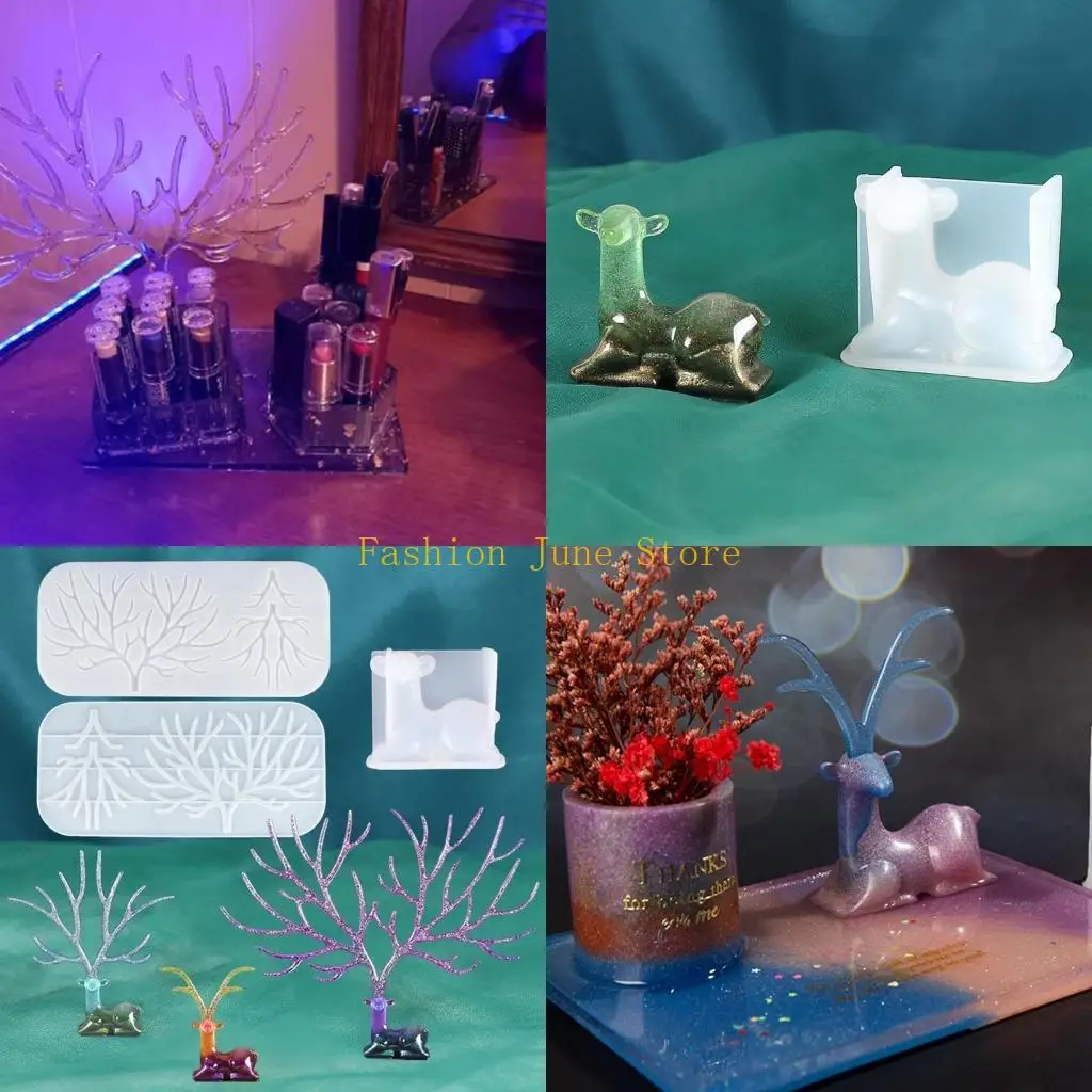 

N5KA 1 Set Crystal Epoxy Resin Molds Deer Makeup Jewelry Display Tray Silicone Mould 9-Slot Lipstick Pen Holder Mold