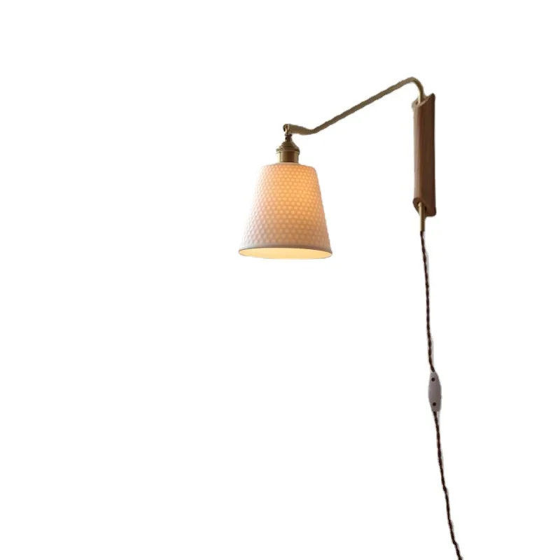 

All-copper walnut left and right rotating wall lamp, wiring-free ceramic retro bedroom bedside plug with switch light