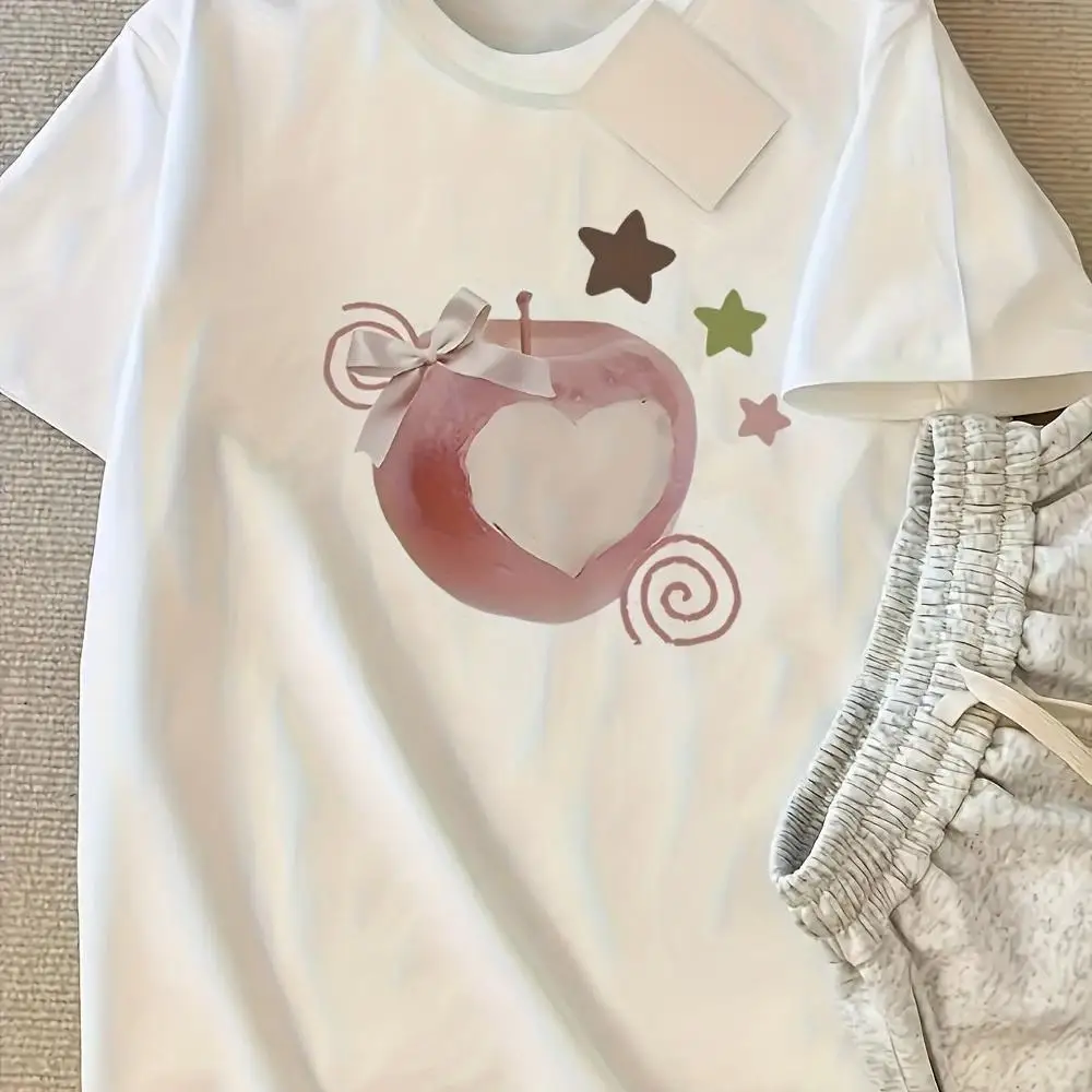 Women S White Casual Short Sleeve T-Shirt - Apple Star Print Round Neck Top, Soft Breathable, Regular Fit For SpringSummer Casual Attire, Ladies