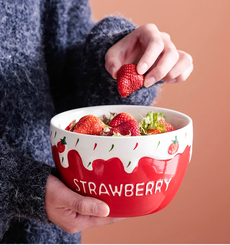 6 Inch, Embossed Porcelain Candy Bowl, Strawberry Design, Ceramic Ice Cream Relief Cute Bowl for Kids, Dinner Chinese
