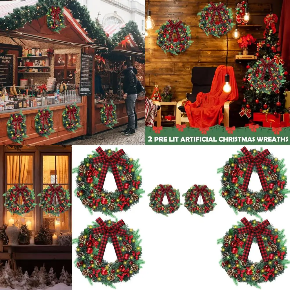 

20 Pre-Lit Christmas Wreaths with Plaid Bows for Front Door, Artificial Outdoor Holiday Decor