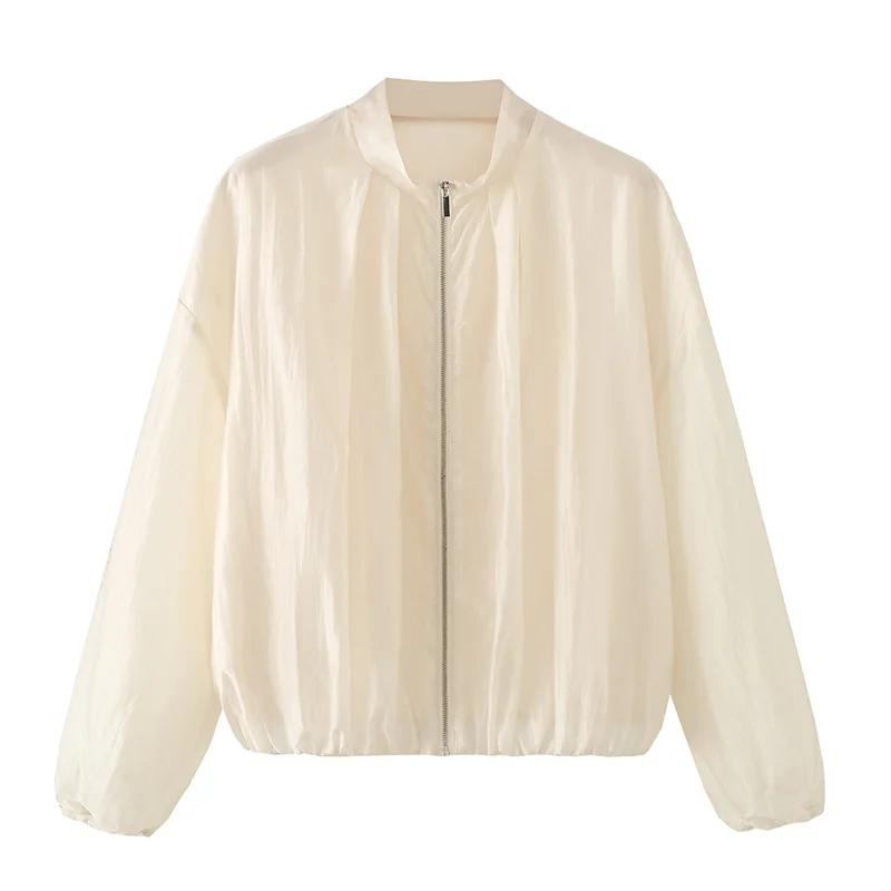 Guobioziy2026 Summer Women's Semi-Transparent Loose Long-Sleeve Baseball Collar Zipper Elastic Hem Casual Holiday Outfit