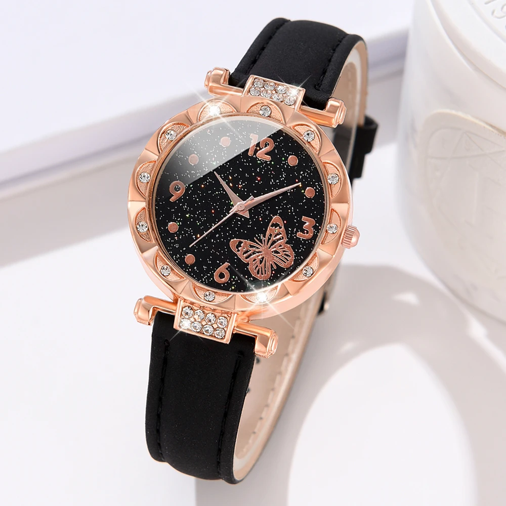 1PCS Simple Luxury Butterfly Element Leather Strap Watch Black Casual Fashion Quartz Watch Is The Perfect Gift For Her (No Box)