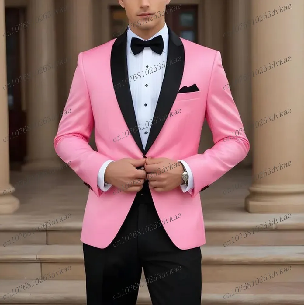 

New Pink And Black Business Men Suit Groom Groomsman Wedding Party Prom Formal Occasion Male Tuxedos 2 Piece Set Blazer Pants