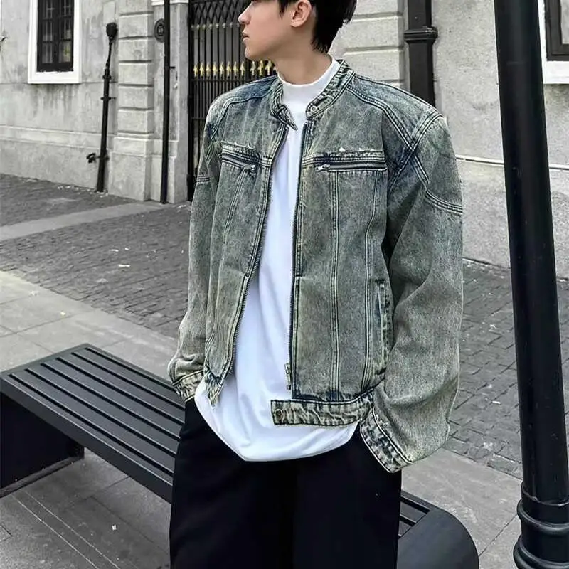 

Waed Blue ort Men's Denim Jaet American Sle Cleanfit Design oulder Pad Workwear Jaet Loose Fit Youth Trend