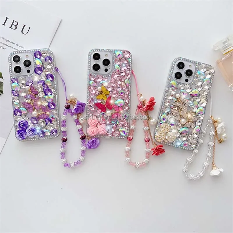 

Luxury Mobile Phone Case for iPhone 14, 15/16 Pro Max 16Plus, Big Diamond, Glitter Butterfly, Acrylic, Luxury Flower