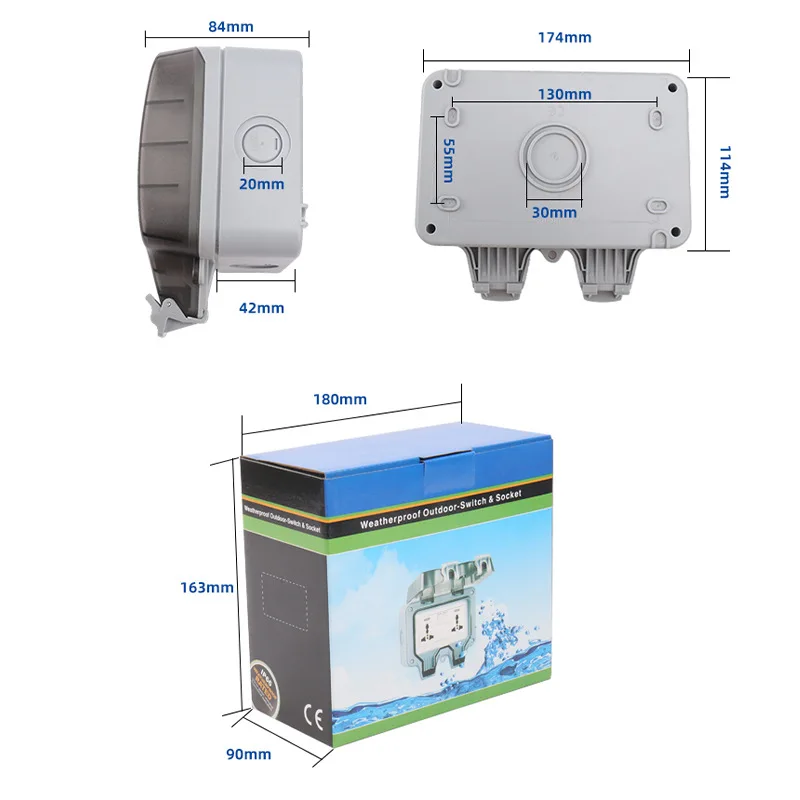 IP66 Waterproof Outdoor Garden Pool Wall Socket Dual French Polish Universal British Standard Socket Dual USB Charging Port 2.1A