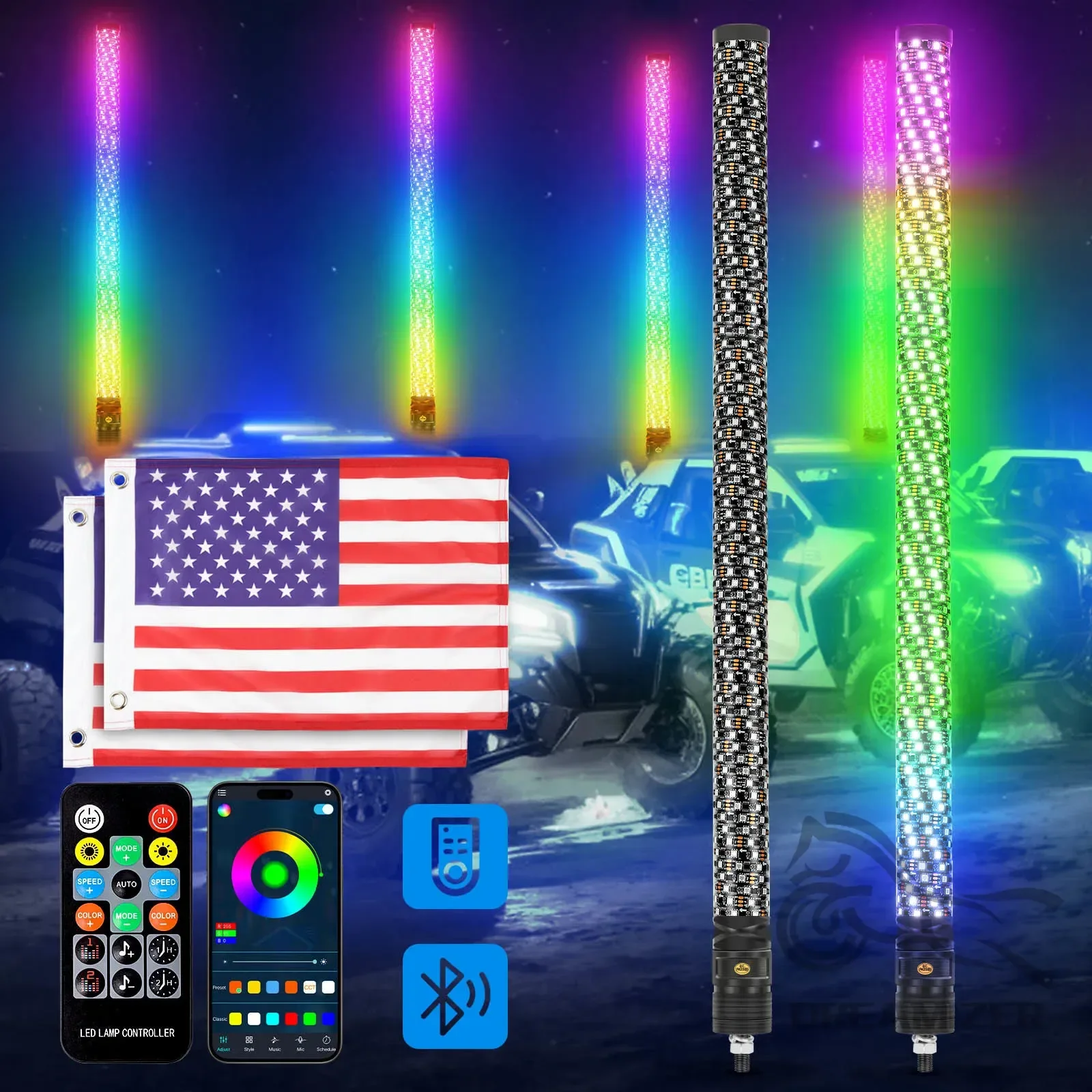 2 قطعة 3FT أضواء سوط الدهون مع التطبيق التحكم عن بعد LED مضاءة هوائي سوط مع وظيفة الفرامل دوامة RGB أضواء سوط سميكة