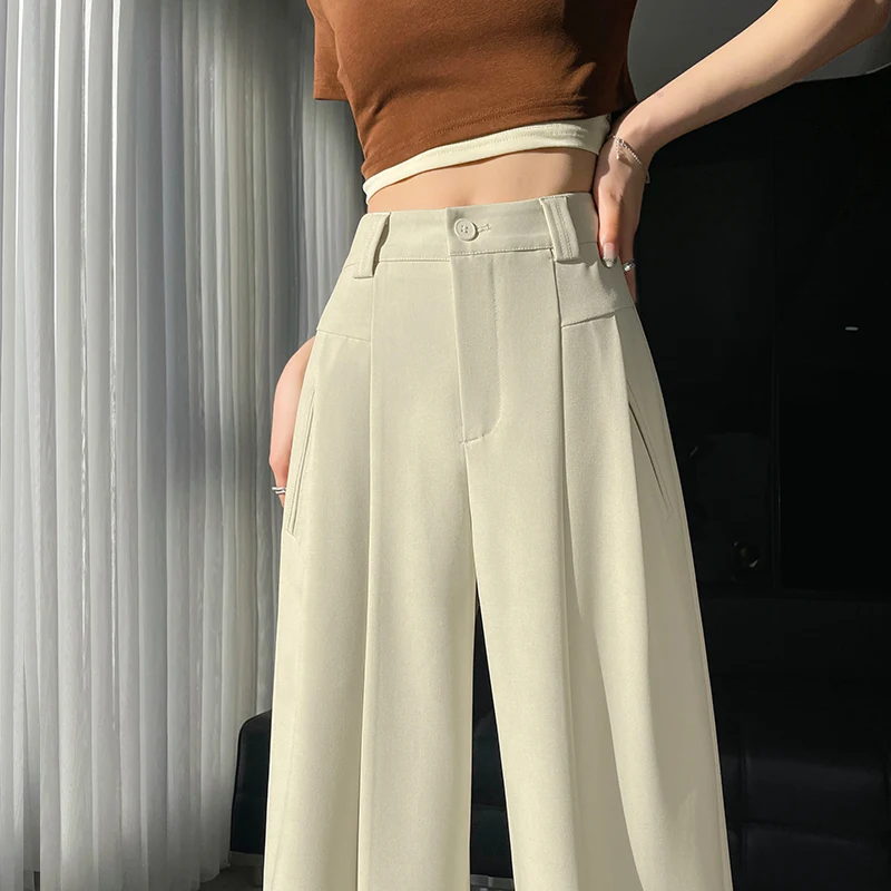 2025 Nowość Wiosna Lato Szerokie nogawki Spodnie dla kobiet Eleganckie Solidne Biuro Lady Koreańskie Kieszenie Damskie Luźne Spodnie Damskie