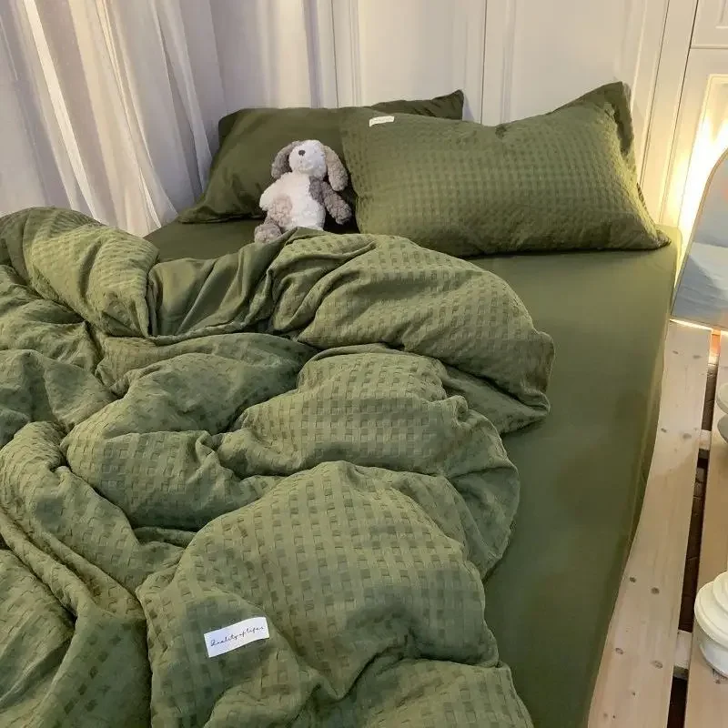 Bedding Set Luxury High Grade Light  Washable Cotton Waffle Four Piece  Olive Green Quilt Cover Bed Sheet Dormitory Three Piece
