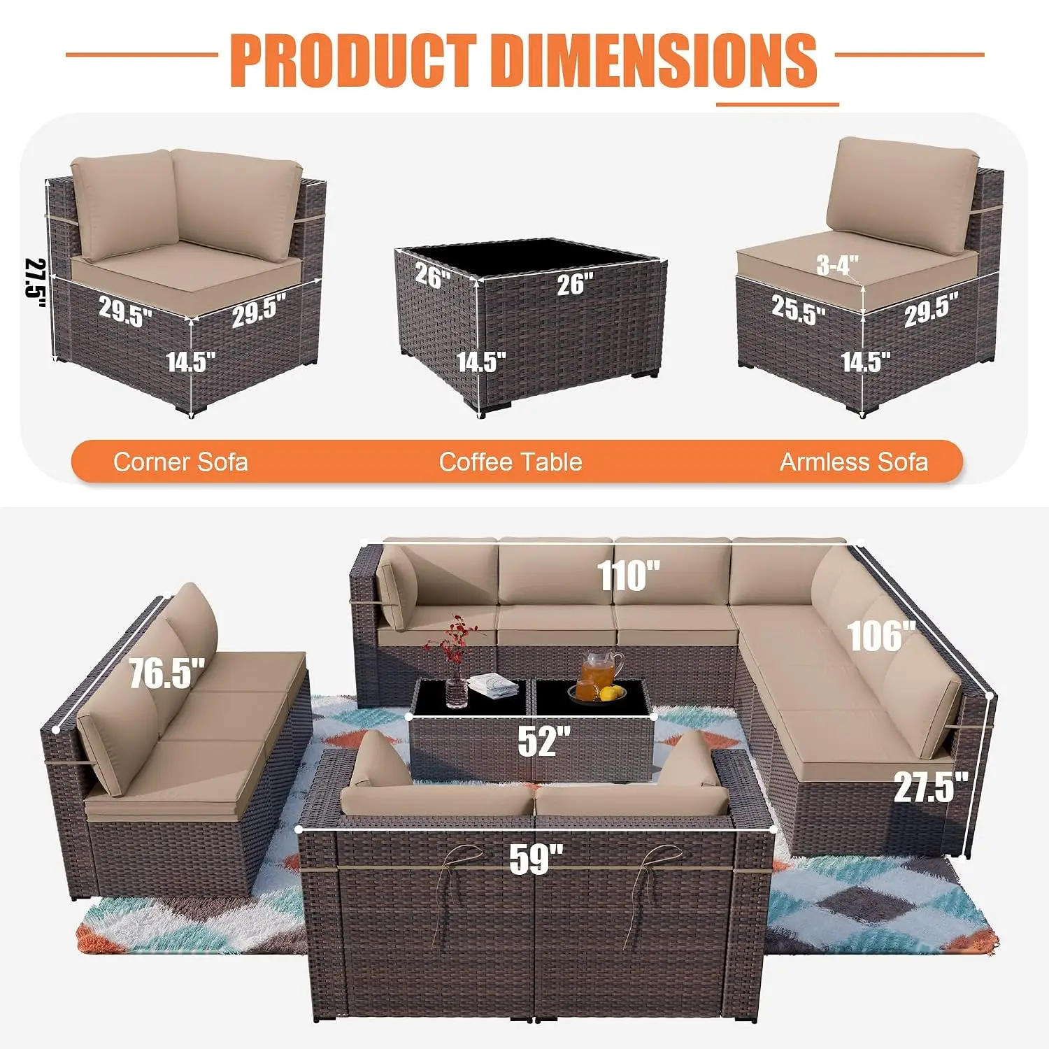 14 Pieces Patio Furniture Set Wicker Patio Conversation Set, Outdoor Sectional Furniture w/Coffee Table & Washable, Customized