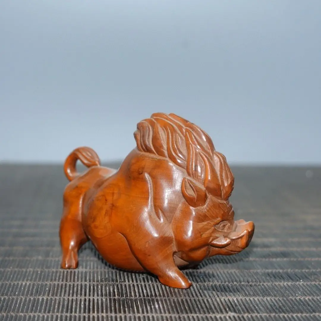 Hand Carved Wood animal fierce wild boar pig Statue Figurine Desktop Ornaments Home Decoration Crafts Tea Pet Decor