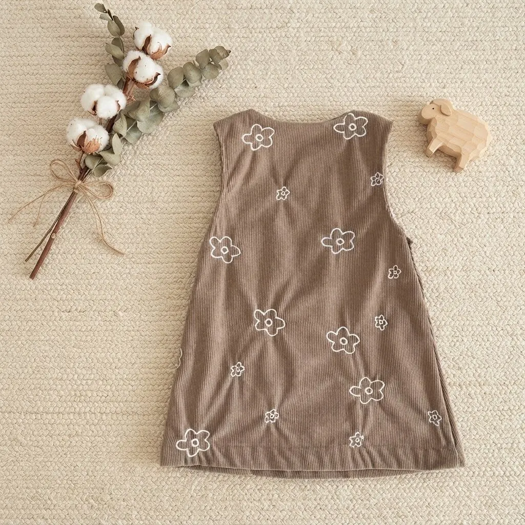 Braunes Cord-Kinderkleid für Mädchen, weißes, ärmelloses Strickkleid mit Blumenstickerei und Taschen – Detail 4