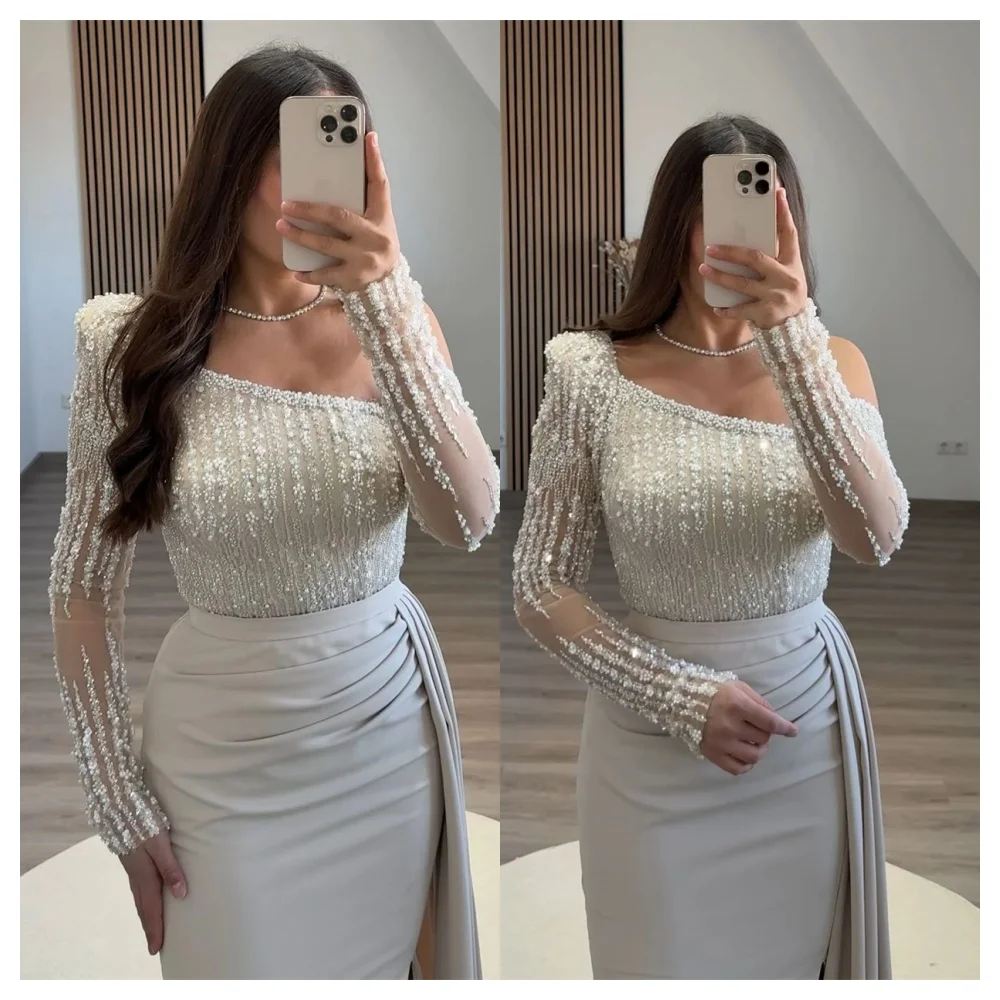 customizedCustomized Temperament White Jersey Party Dress Exquisite One Shoulder Long Sleeves Party Dress Delicate Straight Cele image 2