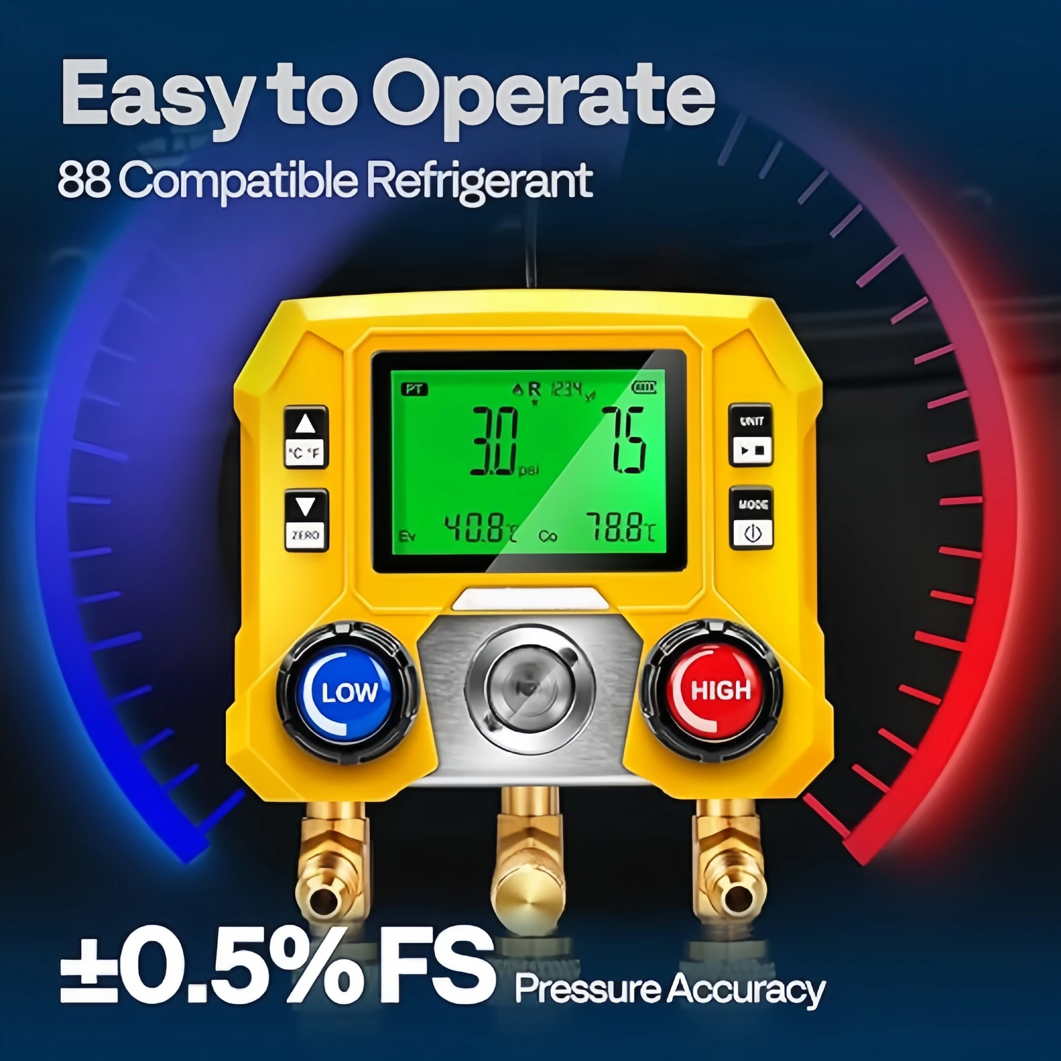 Digital HVAC Manifold Gauge Set With R134a R1234yf Quick Couplers and Can Taps 3 Hoses Car AC Refrigerant Recharge Kit