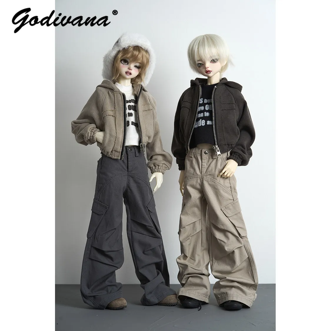 Large 1/4 Men BJD Doll Clothes Cropped Zip‑up Hooded Jacket and Multi‑pocket Cargo Pants 2Pcs Casual Street‑style Doll Clothes