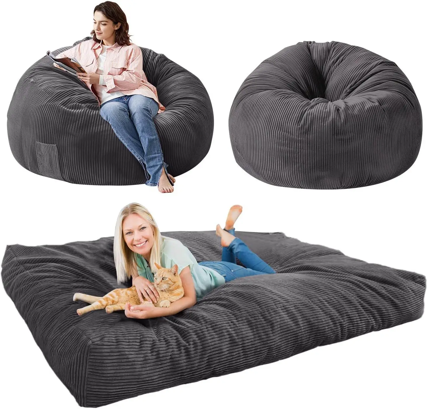 Snowtaros Giant Bean Bag Chair For Adults, Queen Size Convertible Beanbag Folds From Chair To Mattress, Large 81