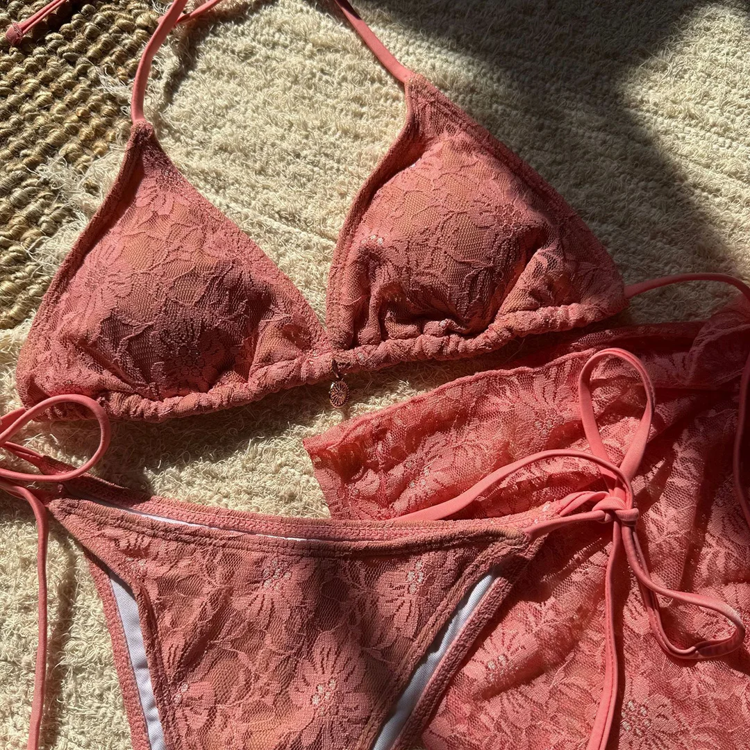 Netz-Sarong-Spitzen-Bikini mit Neckholder und hohem Beinausschnitt, Damen-Badeanzug, dreiteiliges Bikini-Set, Badebekleidung, Badeanzug, Schwimmanzug V6284H – Detail 35