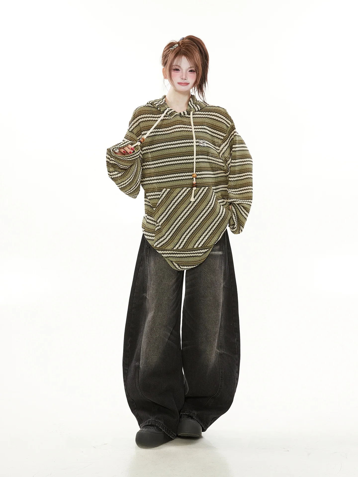 

Американская ретро-этническая вязаная шапка и вязаная кофта с ушками для женщин, весенне-летний свободный вязаный свитшот для пар с полосками