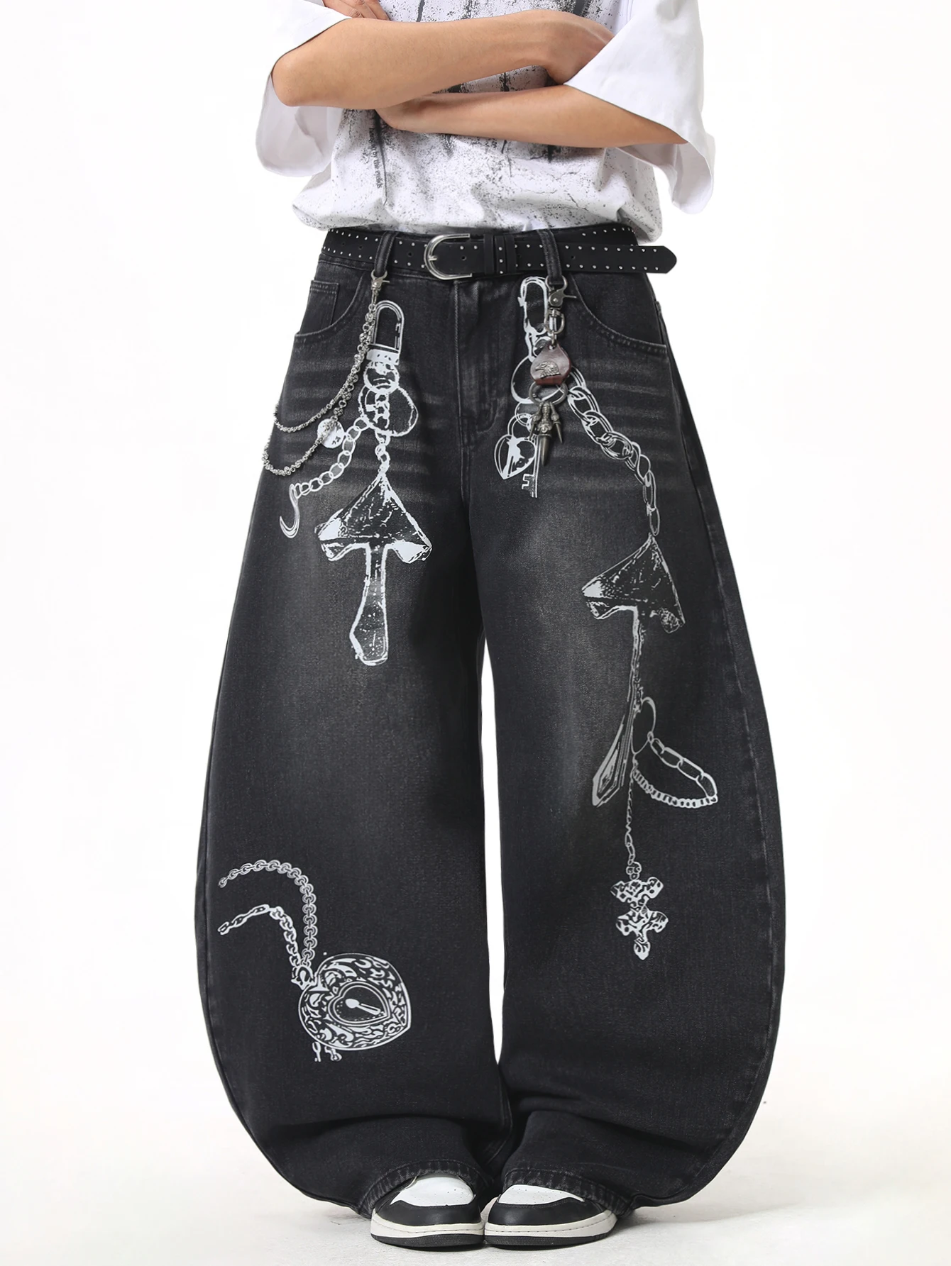 Men's Jeans Vintage Y2K Streetwear Wide-Leg Pants, Chain Necklace Print Men's Denim Trousers,Trendy Men Long Pants All Seasons