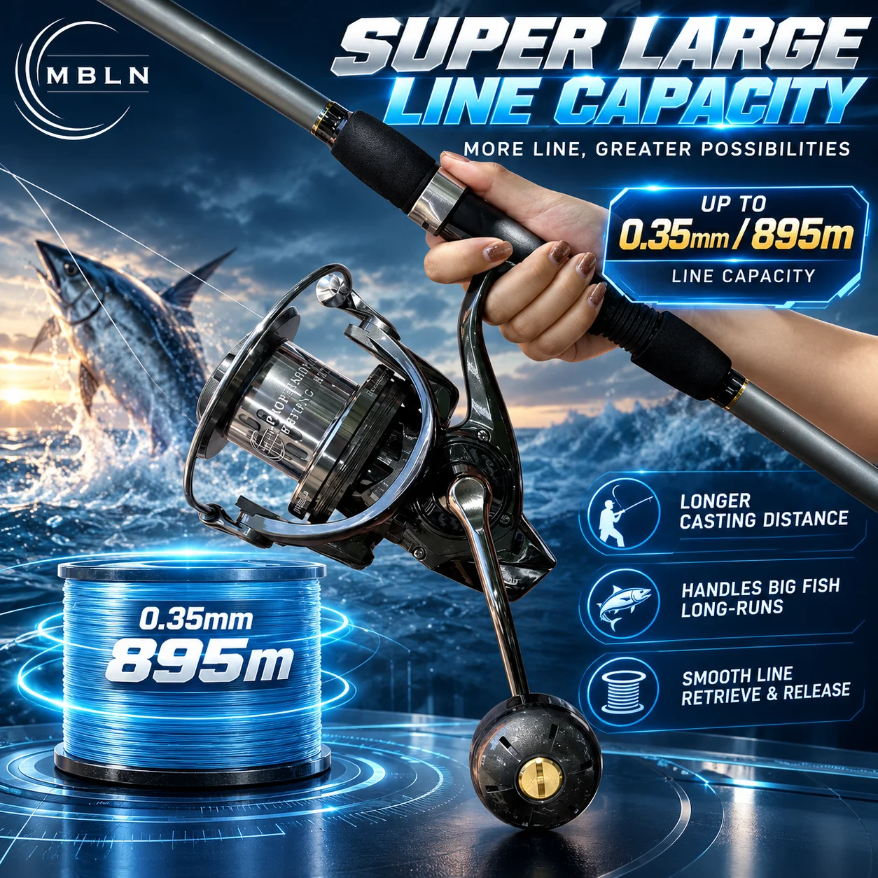 MBLN Marke, 8000/12000 Serie, Großformatige Salzwasser-Surfcasting-Rolle, Leistungsstarke 35kg Bremskraft, 8+1 Edelstahlkugellager – Detail 2