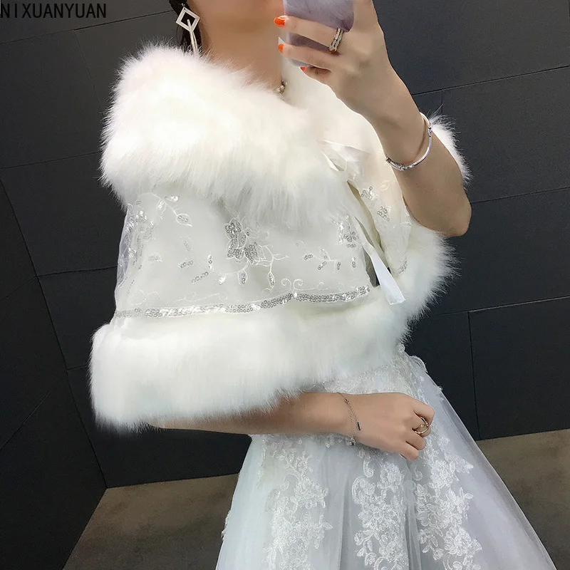 ชุดเดรสปาร์ตี้ Boleros งานแต่งงานผ้าคลุมไหล่ผ้าคลุมไหล่ขนสัตว์ Faux Fur Bolero Cardigan ยักไหล่สำหรับงานแต่งงานเจ้าสาวเสื้อผู้หญิงด้านบนอุปกรณ์เสริม