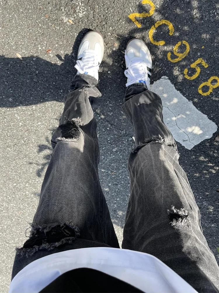 

American High Street Vibe Men's Straight Leg Workwear Jeans mid Waist Long Trousers Bla ey adient Hole Denim Pants