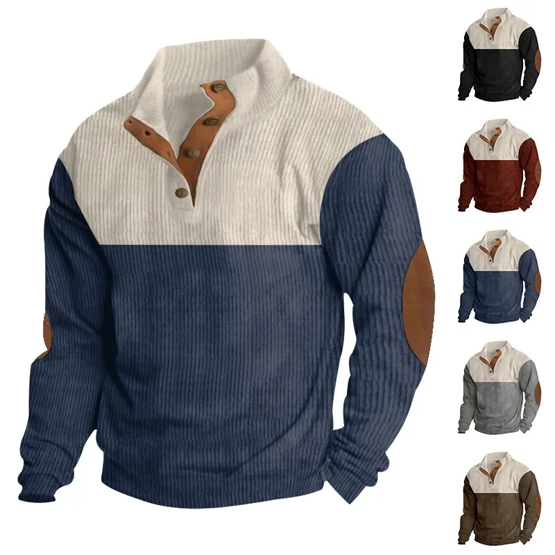 2025 Spring Autumn Comfortable Men's Casual Corduroy Multi-color Button Turn-down Collar Sweatshirt Men Slim Pullover Hoodie Top