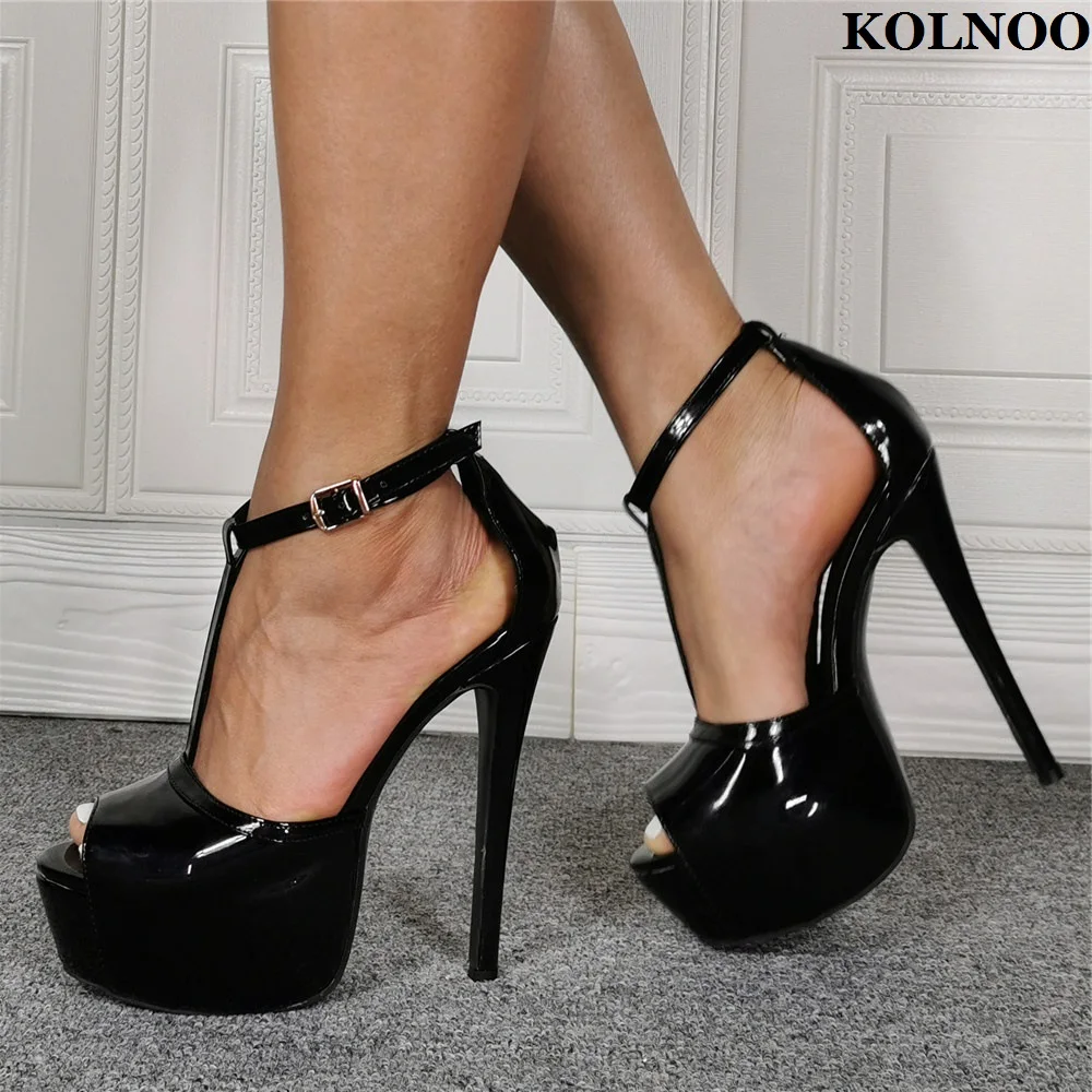 Kolnoo New Handmade Large Size Women's High Heels Sandals T-strap Peep-toe Patent Leather Daily Wear Evening Fashion Black Shoes